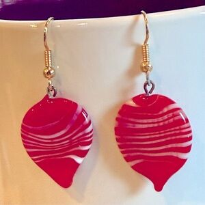 Glass red and white striped hand made drop earrings.